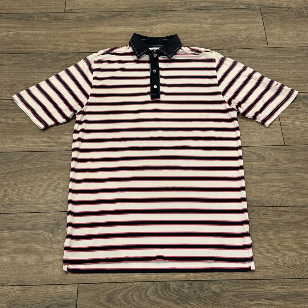 FootJoy Pink Striped Performance Golf Polo Shirt Mens Short Sleeve Size M White
